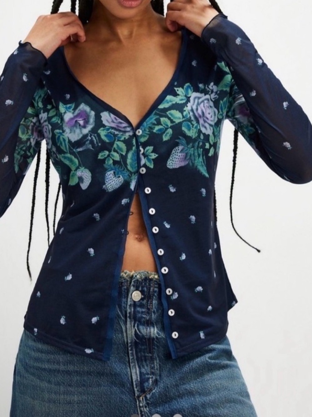 NWOT Free People Home Grown Mesh Cardi in navy combo Size XS